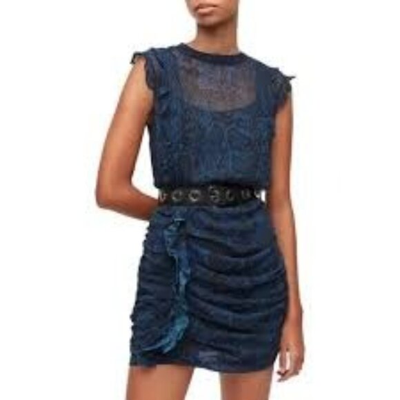 Allsaints Royal Blue Hali Tamora Sheer Snake Print Ruched Mini Dress UK 10 US 6 - Picture 1 of 8